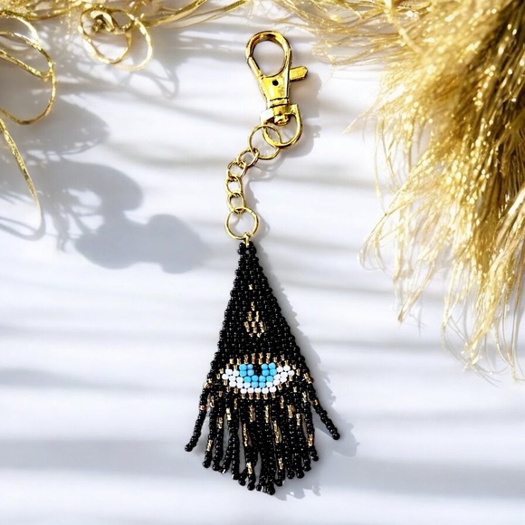 Evil Eye Bag Charm with Hand Beaded Glass Seed Beads and Gold Toned Clasp - Picture 10 of 17